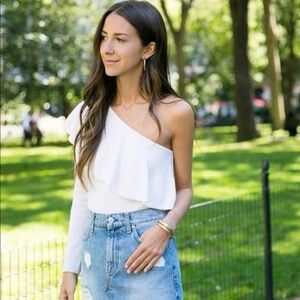 LPA Elegant Cream One-Shoulder Ruffle Sweater from Revolve